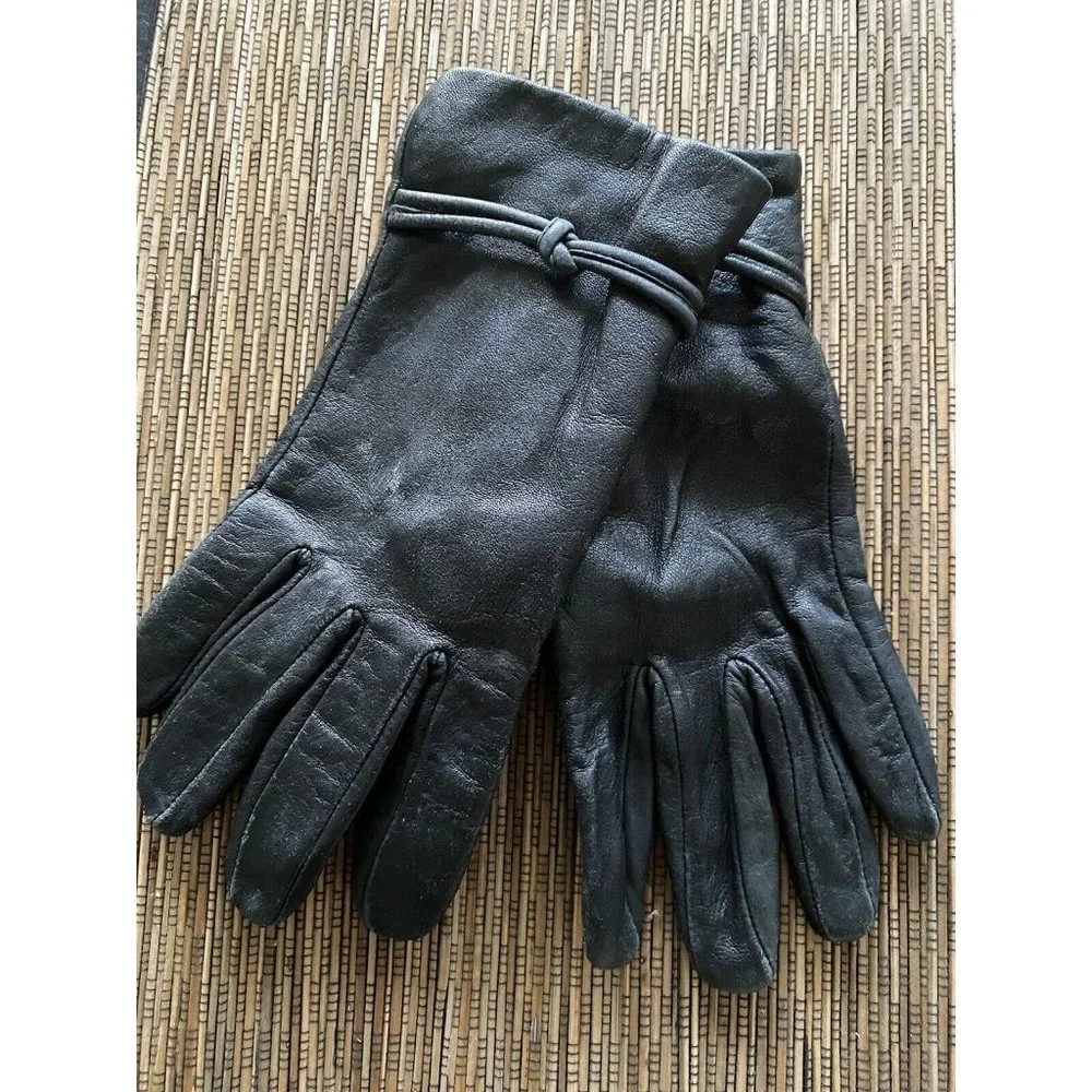 Vintage Womens Dark Brown Leather Gloves With Knotted Detail Size 7/ S India EUC
